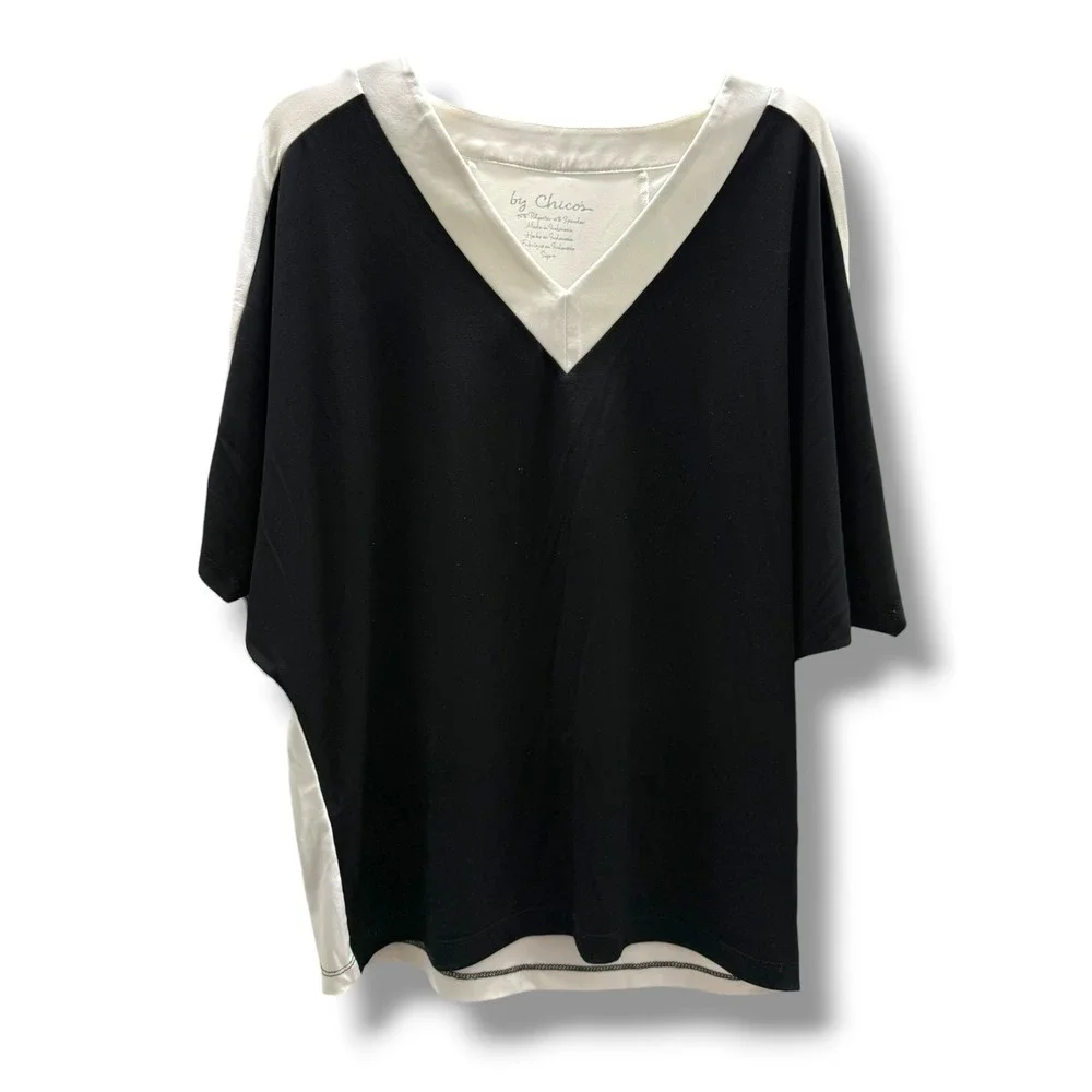 Chico's Black White Colorblock V-Neck Dolman Sleeve Top Women's Size 0 Small
